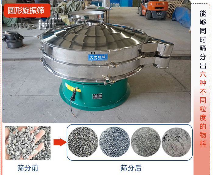 圓形旋振篩能夠同時篩出6種不同顆粒的物料。