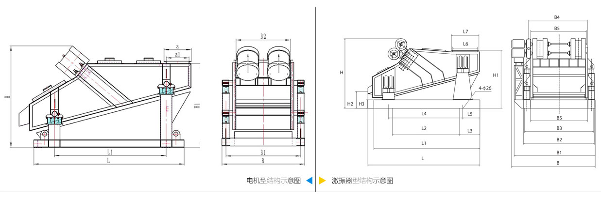 礦用振動篩電機振動式和激振器振動式的內部結構尺寸圖。