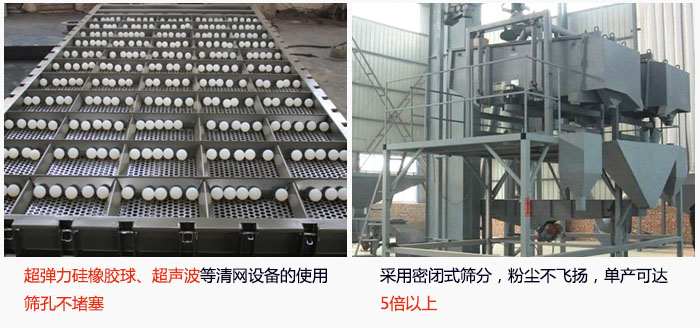 方形搖擺篩采用密閉式篩分,杜絕粉塵飛揚(yáng),且單產(chǎn)達(dá)到5倍以上;超彈力硅橡膠球、高頻率超聲波等清網(wǎng)設(shè)備的使用,不會造成篩孔堵塞,使產(chǎn)量提升。