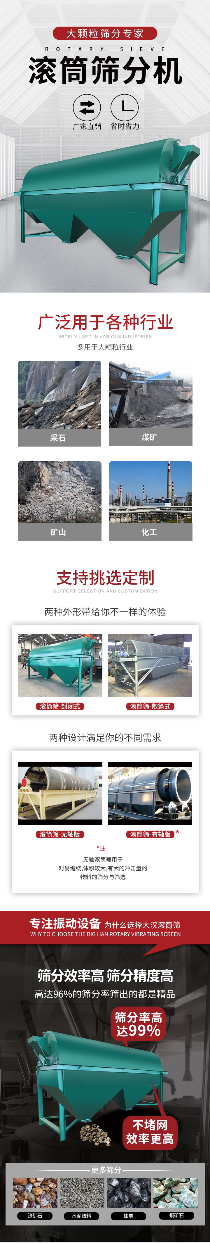 滾筒篩分機大顆粒篩分專家：廠家直銷，省時省力。滾筒篩被廣泛應用各種行業：多用于大顆粒行業例如：采石，煤礦，礦山，化工等。滾筒篩定制類型有哪些：封閉式與敞篷式產品結構分為：無軸式，有軸式兩種，無軸滾筒篩用于對纏繞，體積較大，有大的沖擊量的物料的篩分與篩選。滾筒篩篩分效率高篩分精度能夠達到：96%也比較適用于鐵礦石，水泥熟料，焦炭，銅礦石。滾筒篩特點：不飛粉末：密封隔離罩，密封性好，工作過程不會出現飛粉現象。外型尺寸是按筒體長計