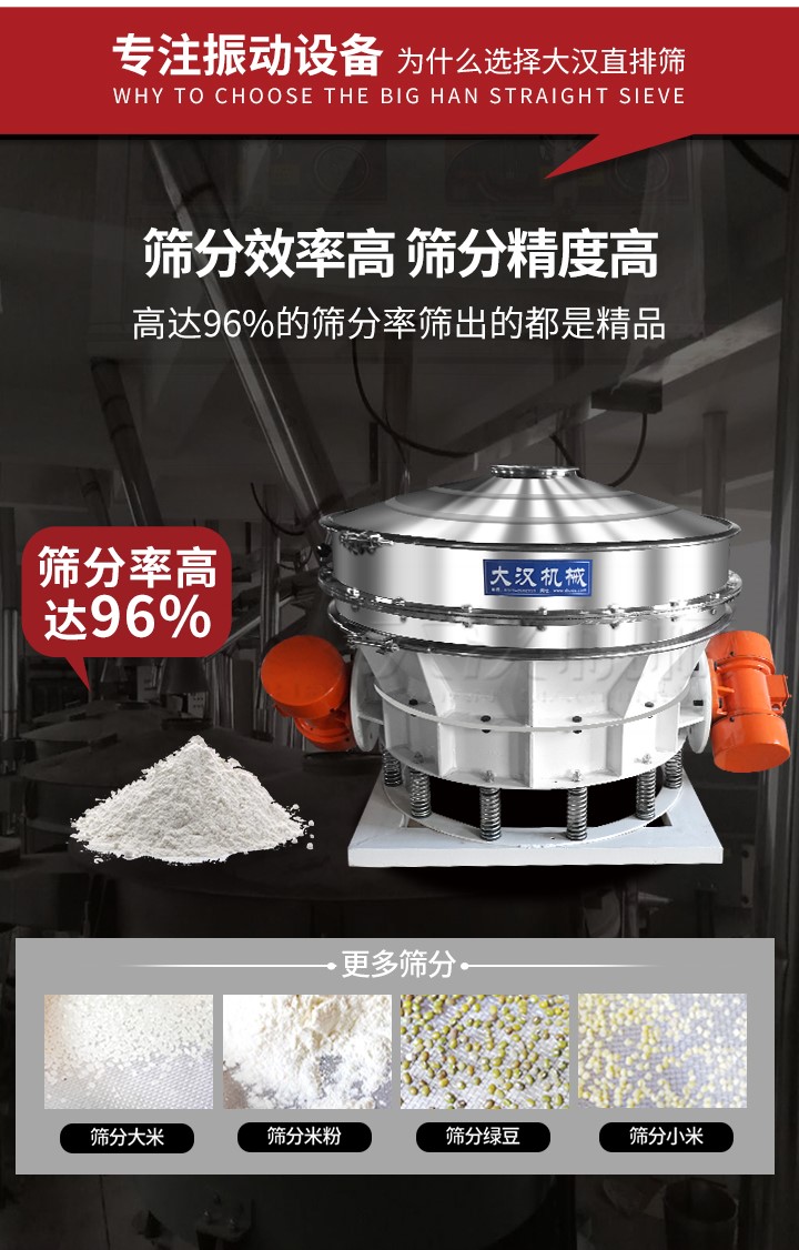 直排篩適用物料有面粉，淀粉，洗衣粉，金屬粉，添加劑，化工，非礦等行業(yè)。