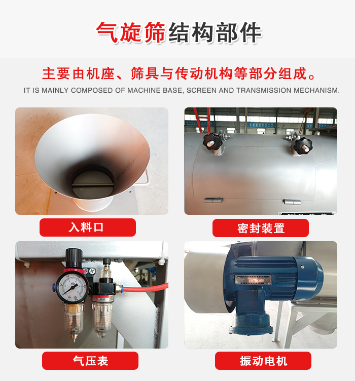 氣旋篩結(jié)構(gòu)：入料口，密封裝置，電機，氣壓表等