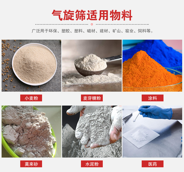 氣旋篩適用物料：小麥粉，麥芽糖粉，涂料，等粉狀物料。